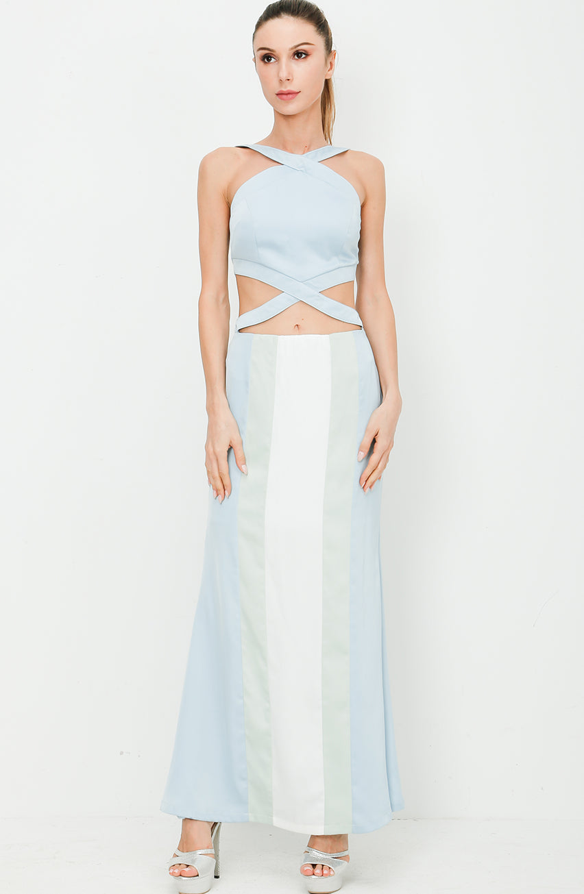 Silky Smooth Baby Blue Cross Halter Neck Cutout Maxi Dress