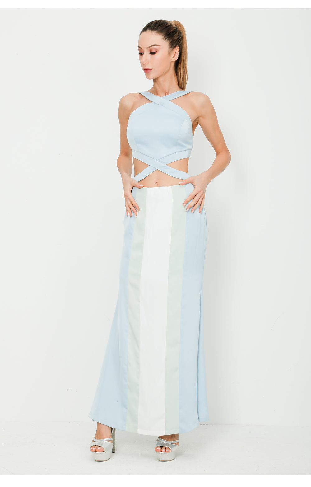 Silky Smooth Baby Blue Cross Halter Neck Cutout Maxi Dress