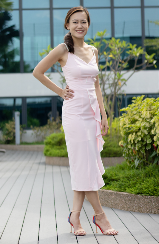 Cami Light Pink V-Neck Bodycon Dress with Ruffle Trim