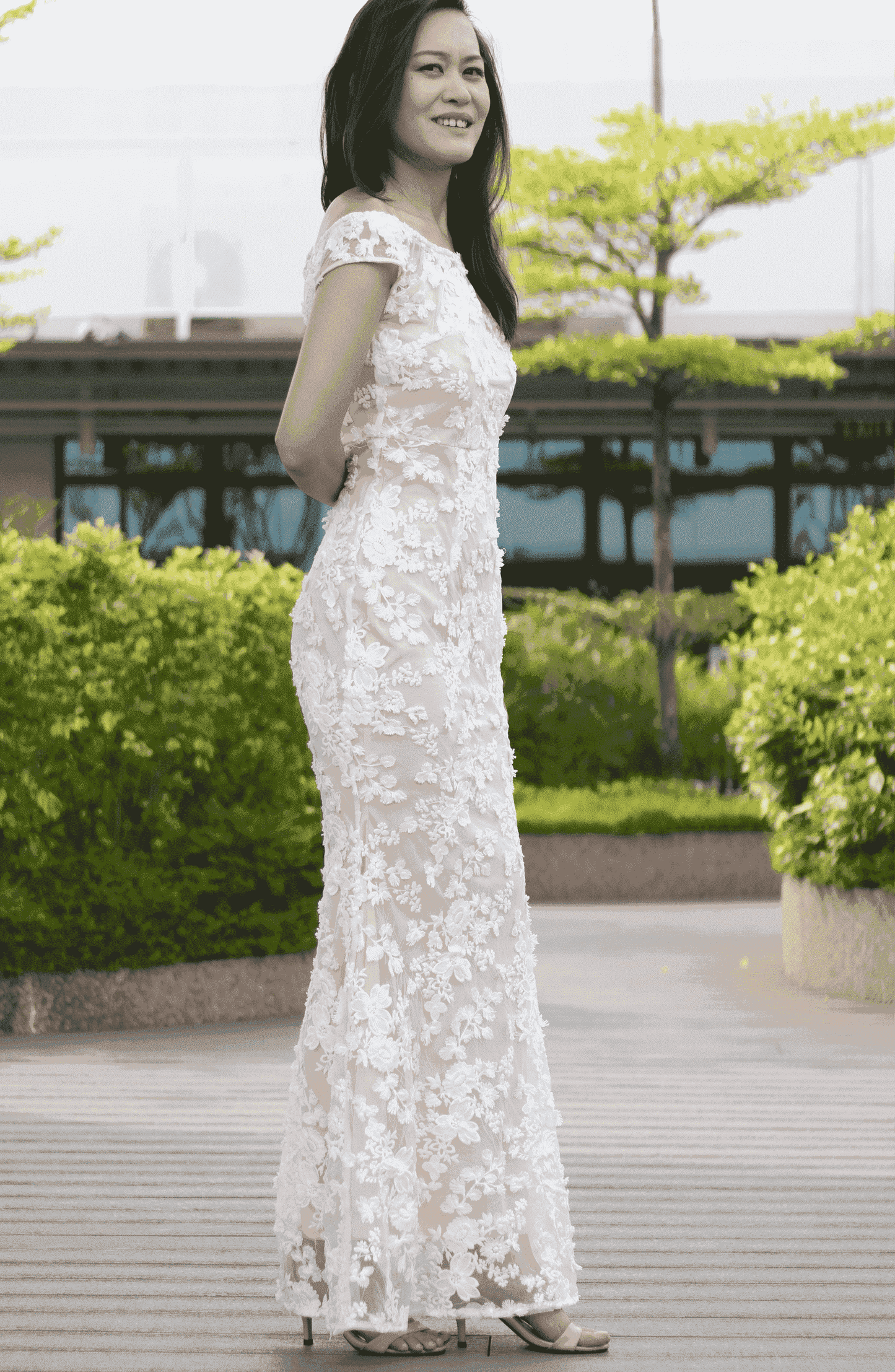 Romantic Madeline Off Shoulder White Pastel Pink Floral Lace Maxi Dress Gown