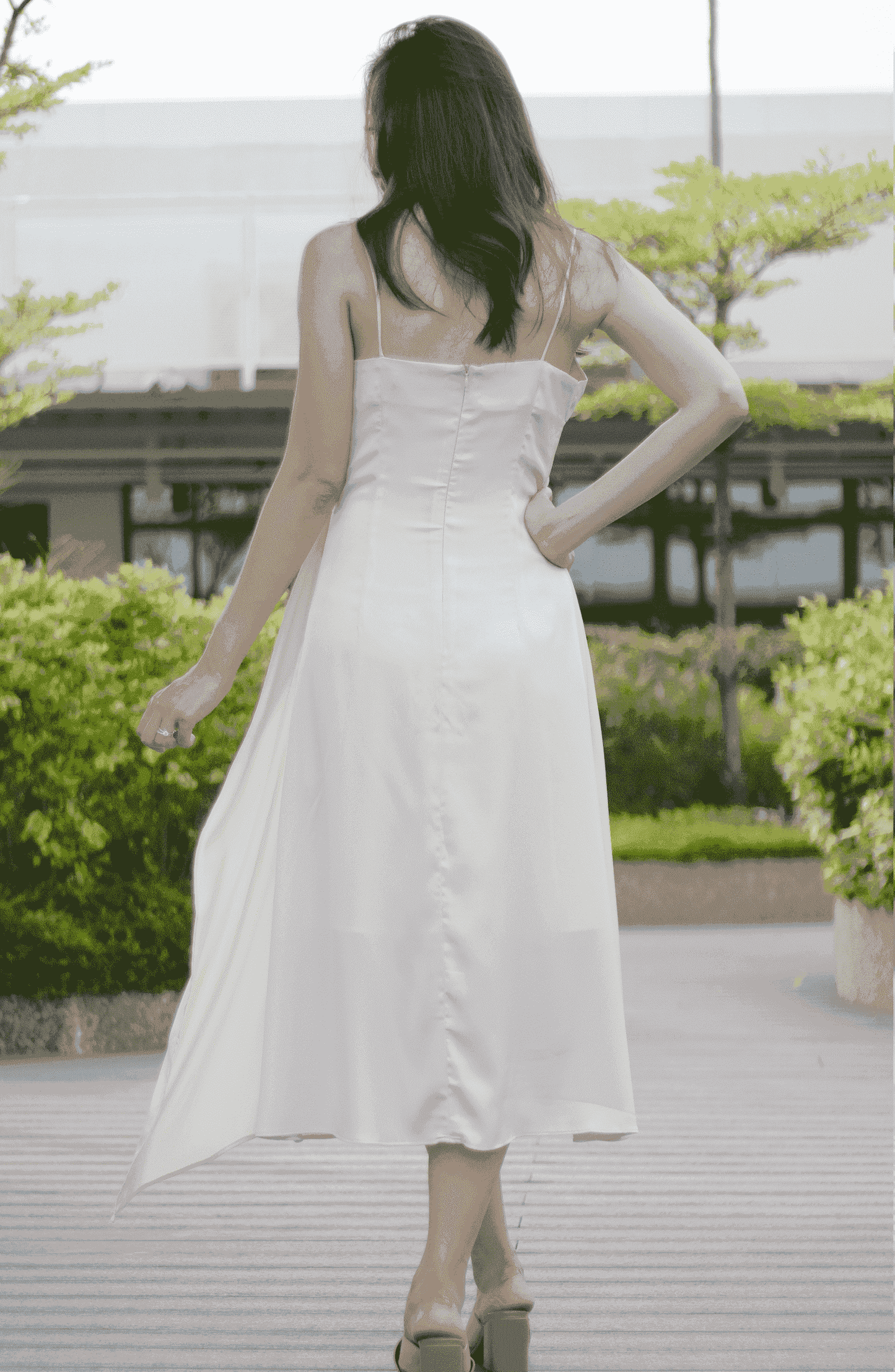 Silky Smooth Cami Nude Beige Dress with Flyaway Drape
