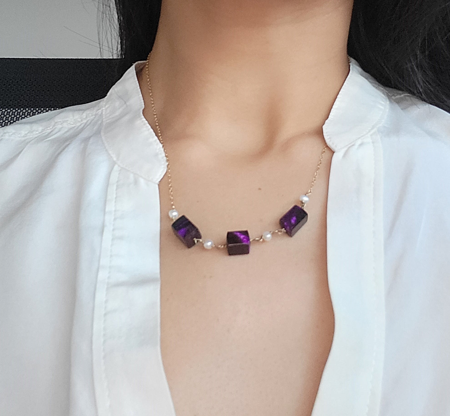 14K Gold Dainty Pearl Velvet Sugilite Necklace