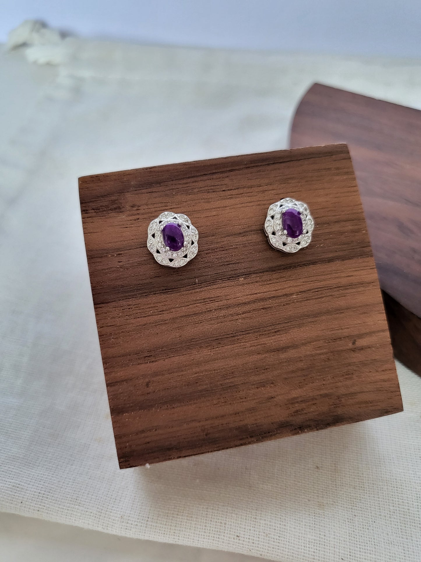 Sugilite Natural RARE Premium Gemstone Purple Gel Stud Earrings with Crystal Victorian Style