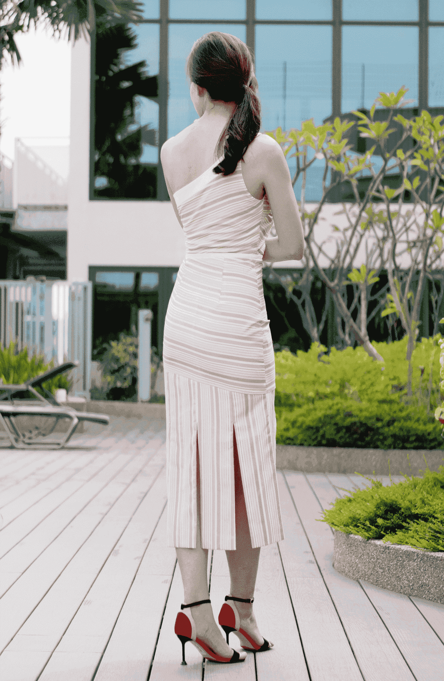 One Shoulder Pastel Coral Candy Stripe Panel Dress