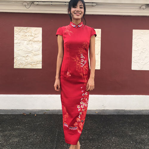Megan Brush Paint Slim Red Chinese Mandarin Collar Cheongsam Dress Qipao
