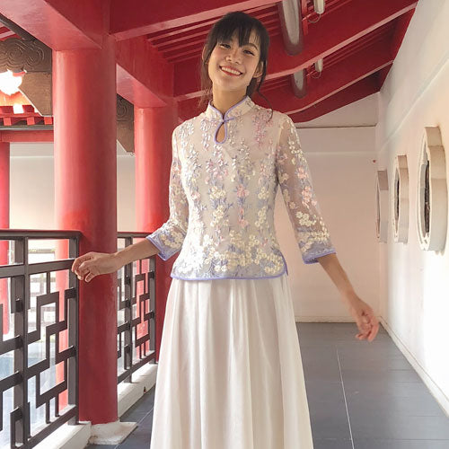 Ella Dream Lace Chinese Mandarin Collar Cheongsam Midi A-Line Flare Dress Qipao