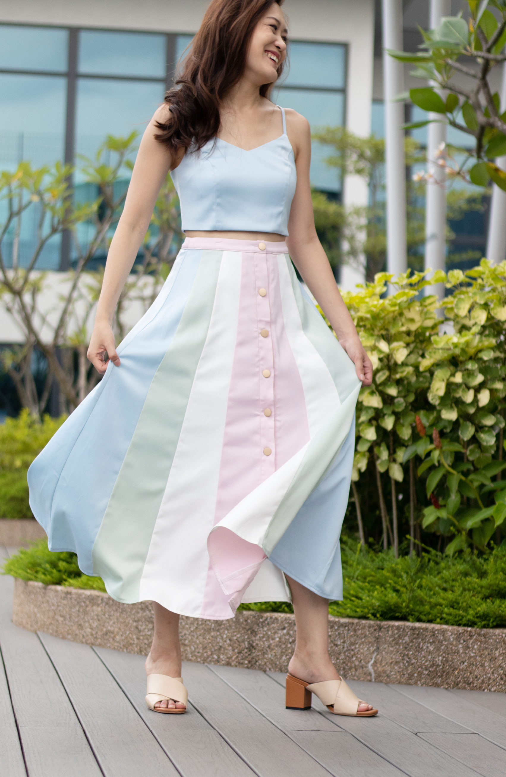 Isla Panel Pastel Baby Blue and Pink Full Satin-like Circle Skirt