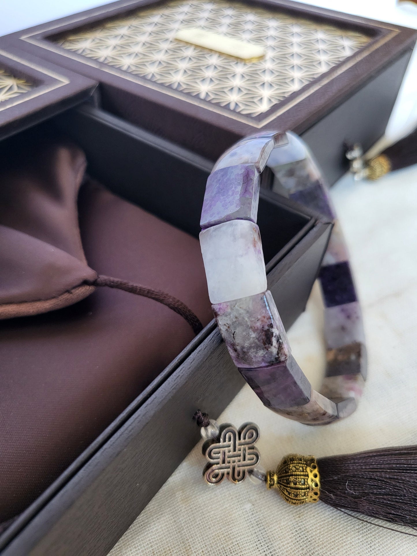 Sugilite Natural Purple and Quartz Flat Stone Dainty Elastic Bangle Bracelet