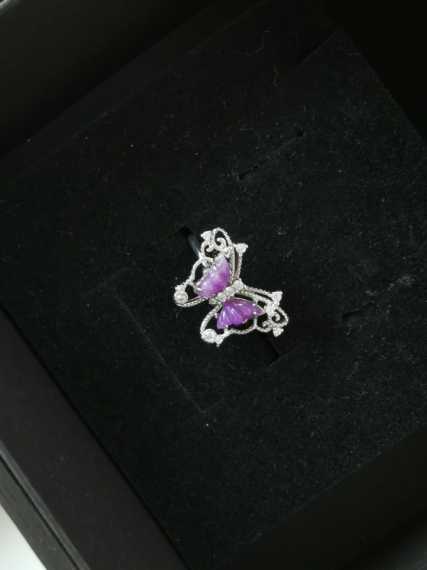RARE Natural Purple SAKURA Sugilite Silver Butterfly Adjustable Ring