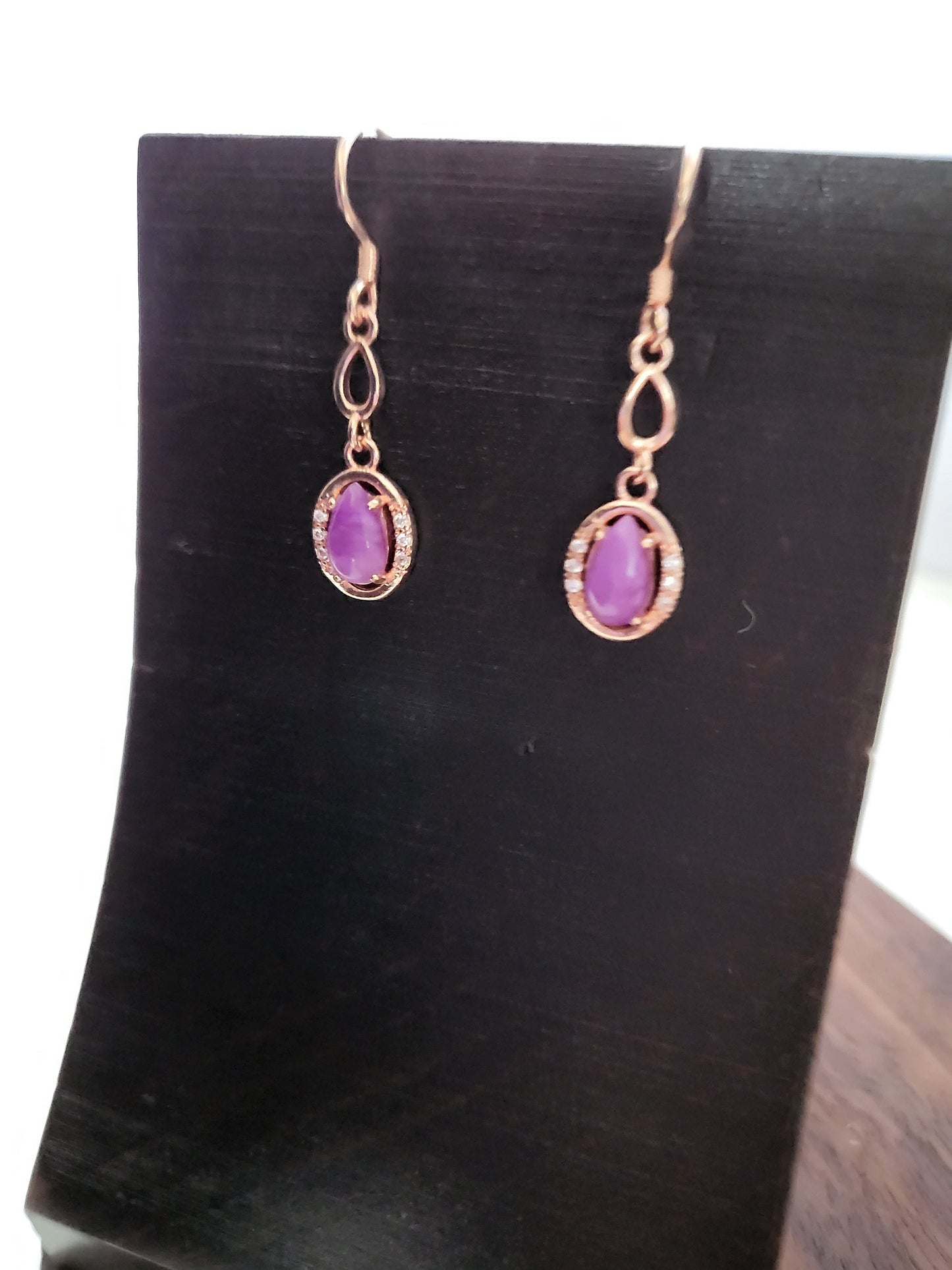 Natural Sugilite Gemstone Purple Gel Gem Rose Gold Dangle Earrings Oval shape with Crystal