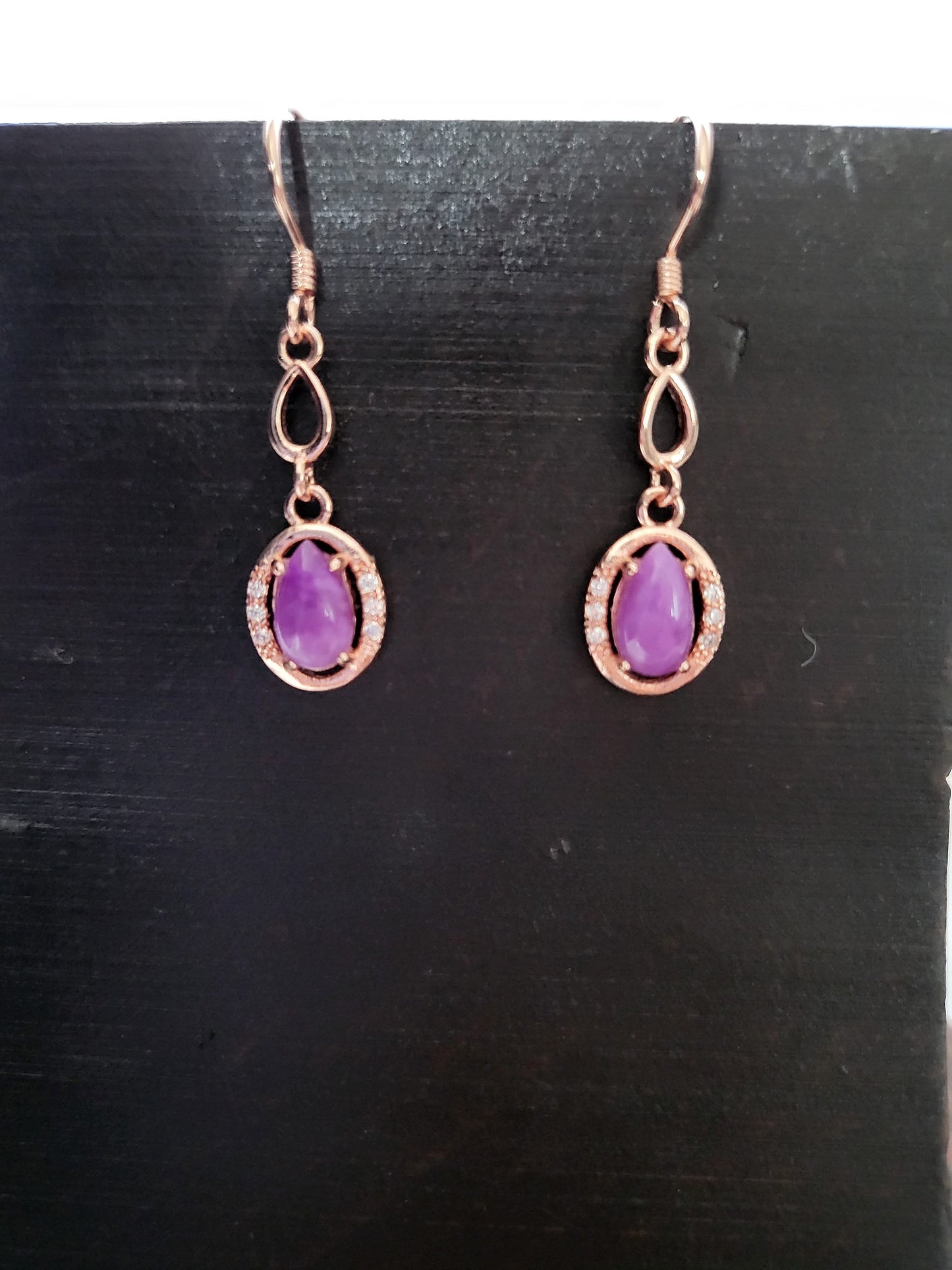 Natural Sugilite Gemstone Purple Gel Gem Rose Gold Dangle Earrings Oval shape with Crystal