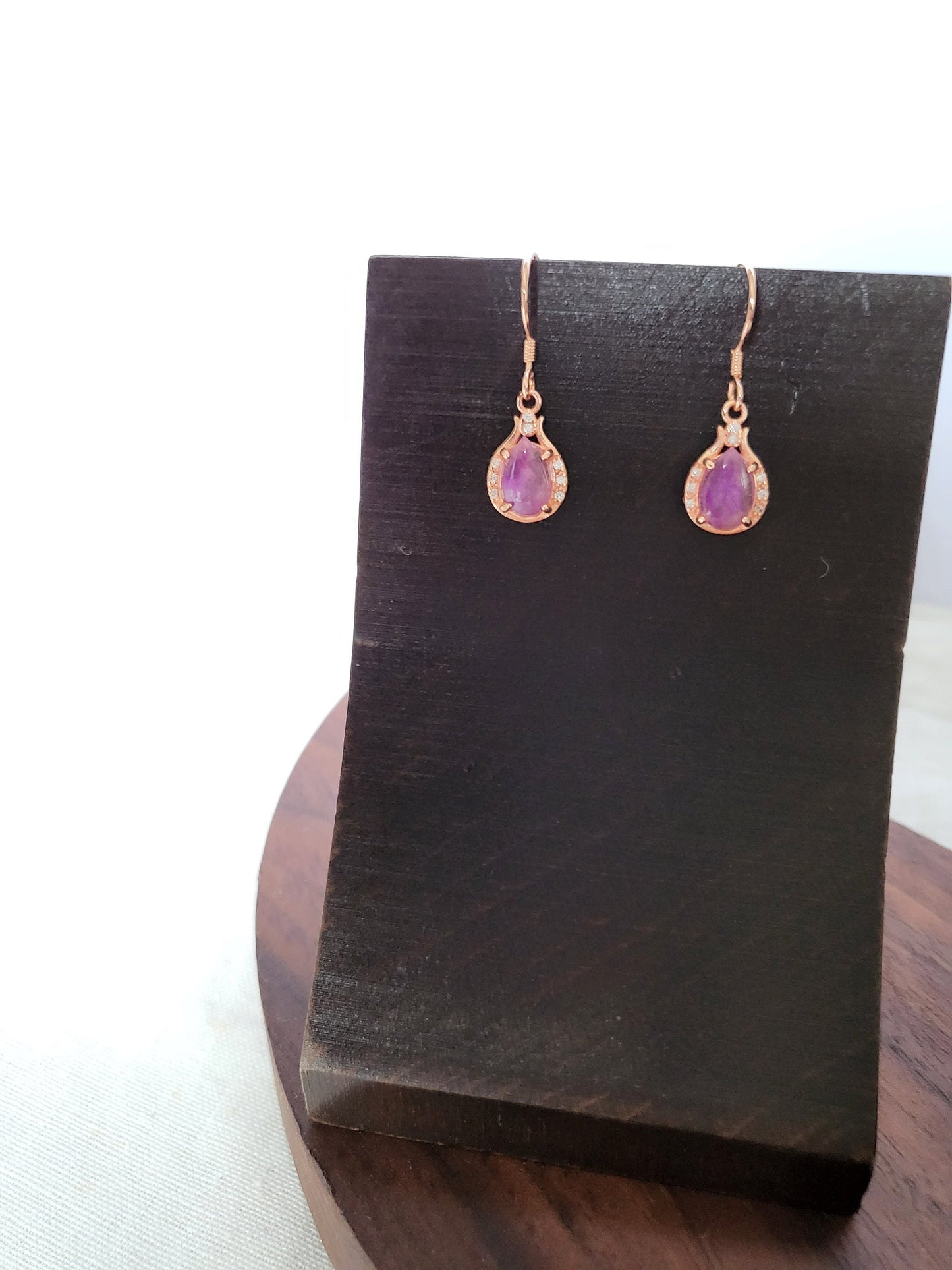 Natural Gel Sugilite Earrings Watercolor Purple Rose Gold Dangle Earrings with Crystals Gemstone Teardrop