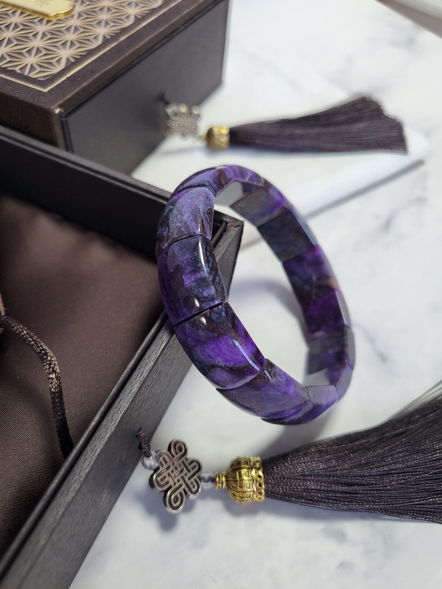 Natural Sugilite Premium Quality Royal purple flat stone elastic bangle-like bracelet