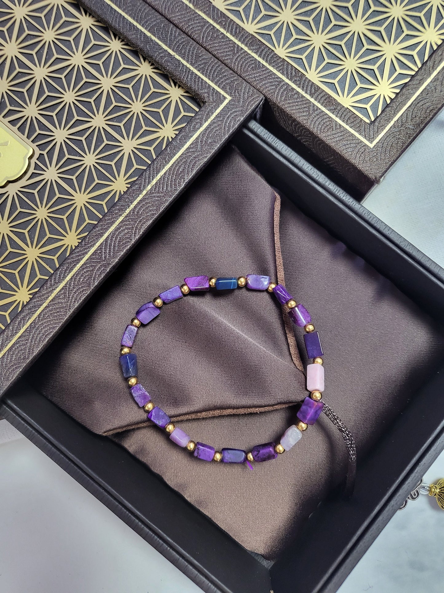 Natural Sugilite Rare Multi-color Beads Dainty Purple Stone Bead Bracelet with Gold Beads