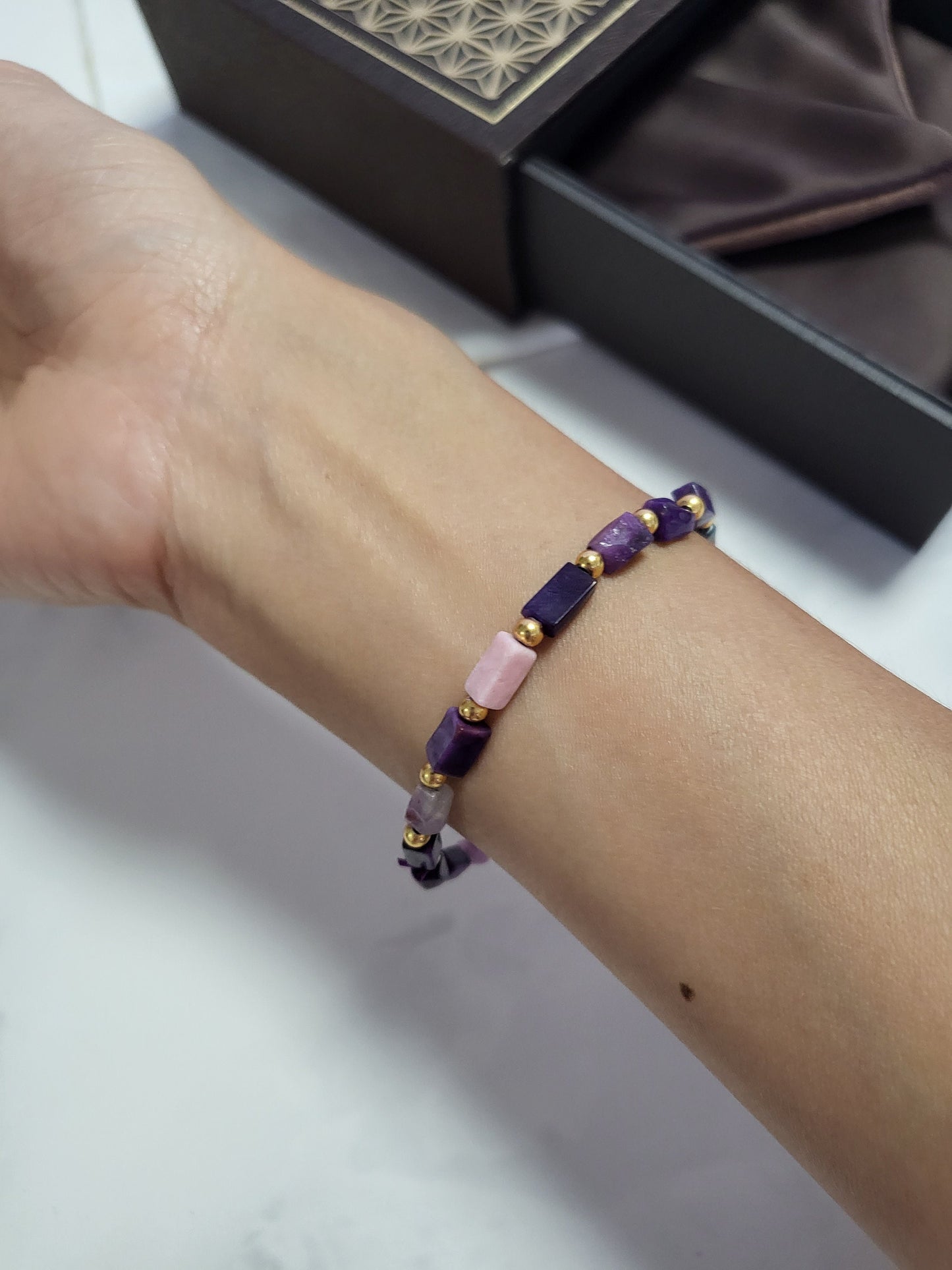 Natural Sugilite Rare Multi-color Beads Dainty Purple Stone Bead Bracelet with Gold Beads