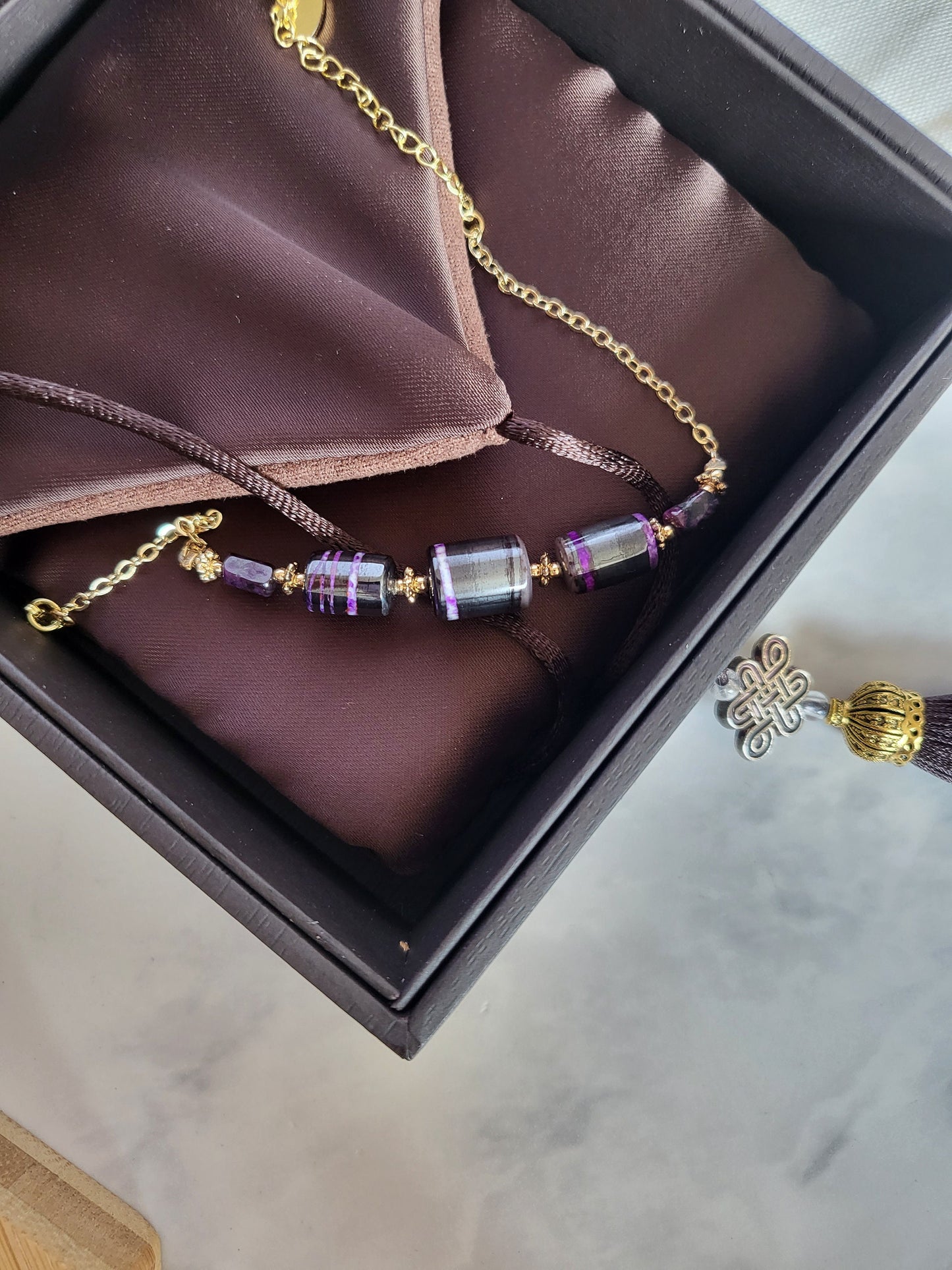 RARE Natural Sugilite 14K Gold Double-Stripe Colour stone bead Adjustable Bracelet