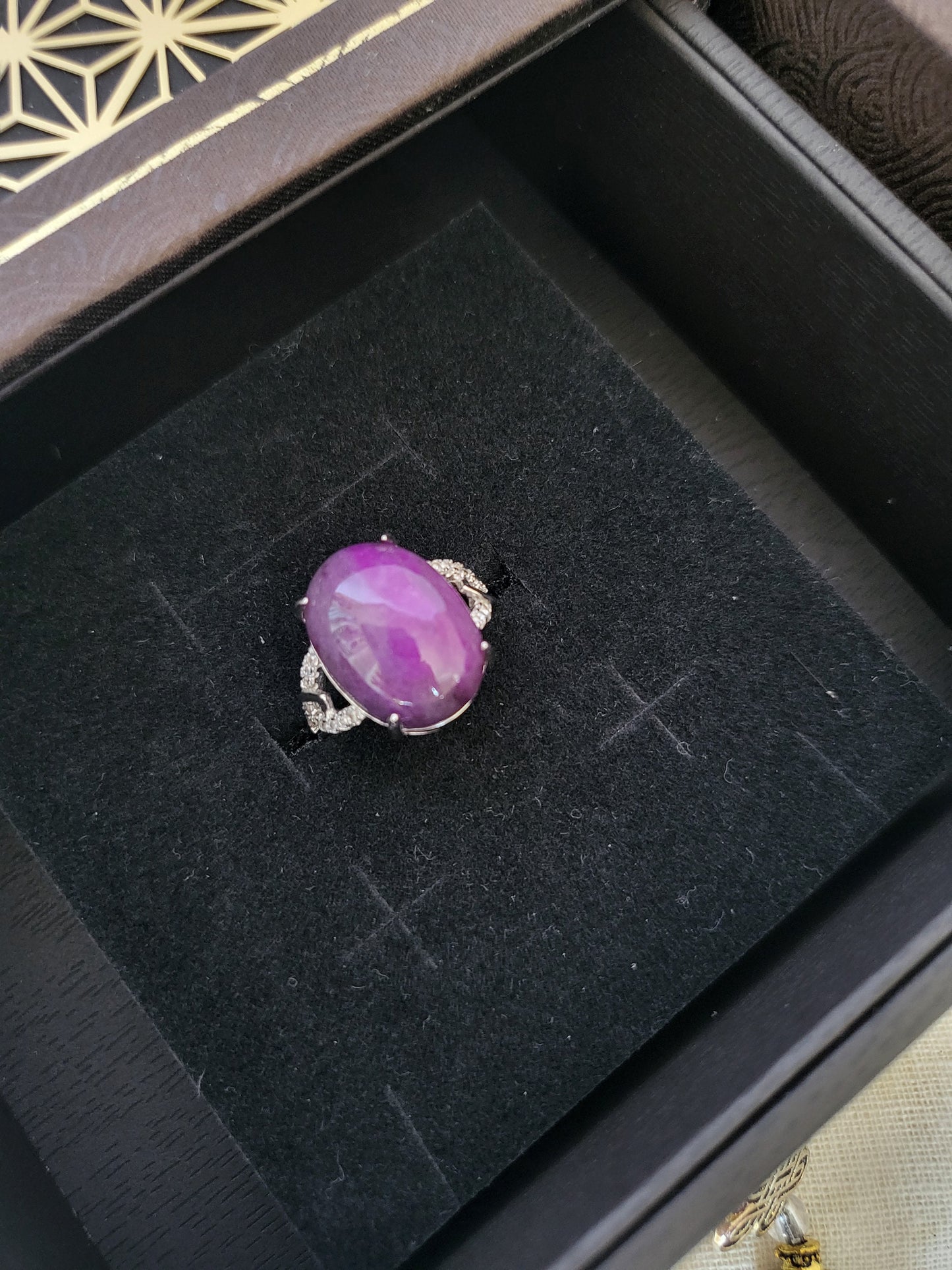 Natural Sugilite Royal Purple Rare Large Gemstone adjustable silver ring with crystals