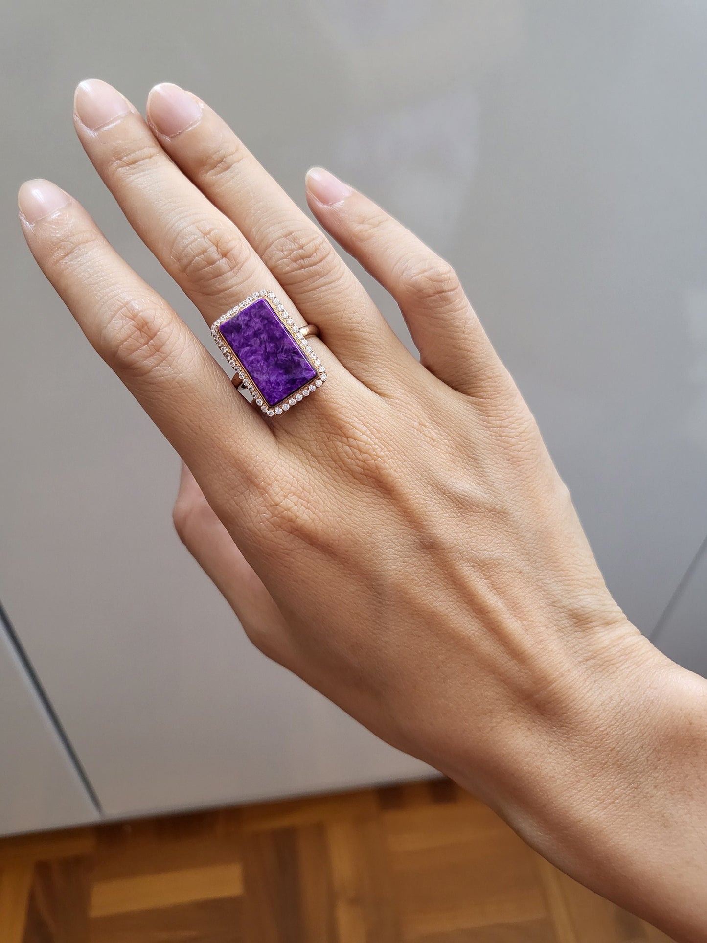 Natural Purple Sugilite Cat-eye Rectangle adjustable Rose Gold Statement Ring with Crystals