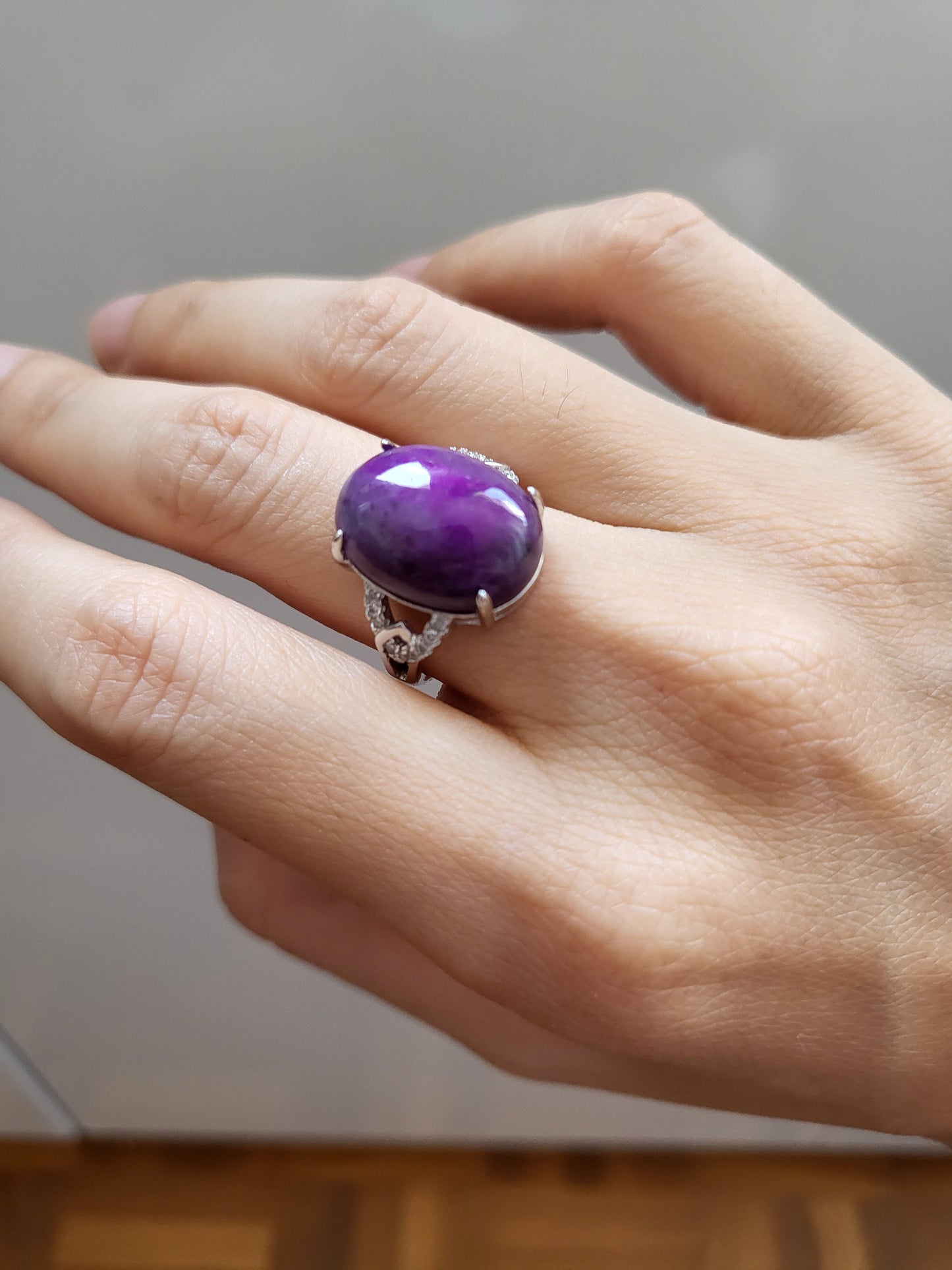 Natural Sugilite Royal Purple Rare Large Gemstone adjustable silver ring with crystals