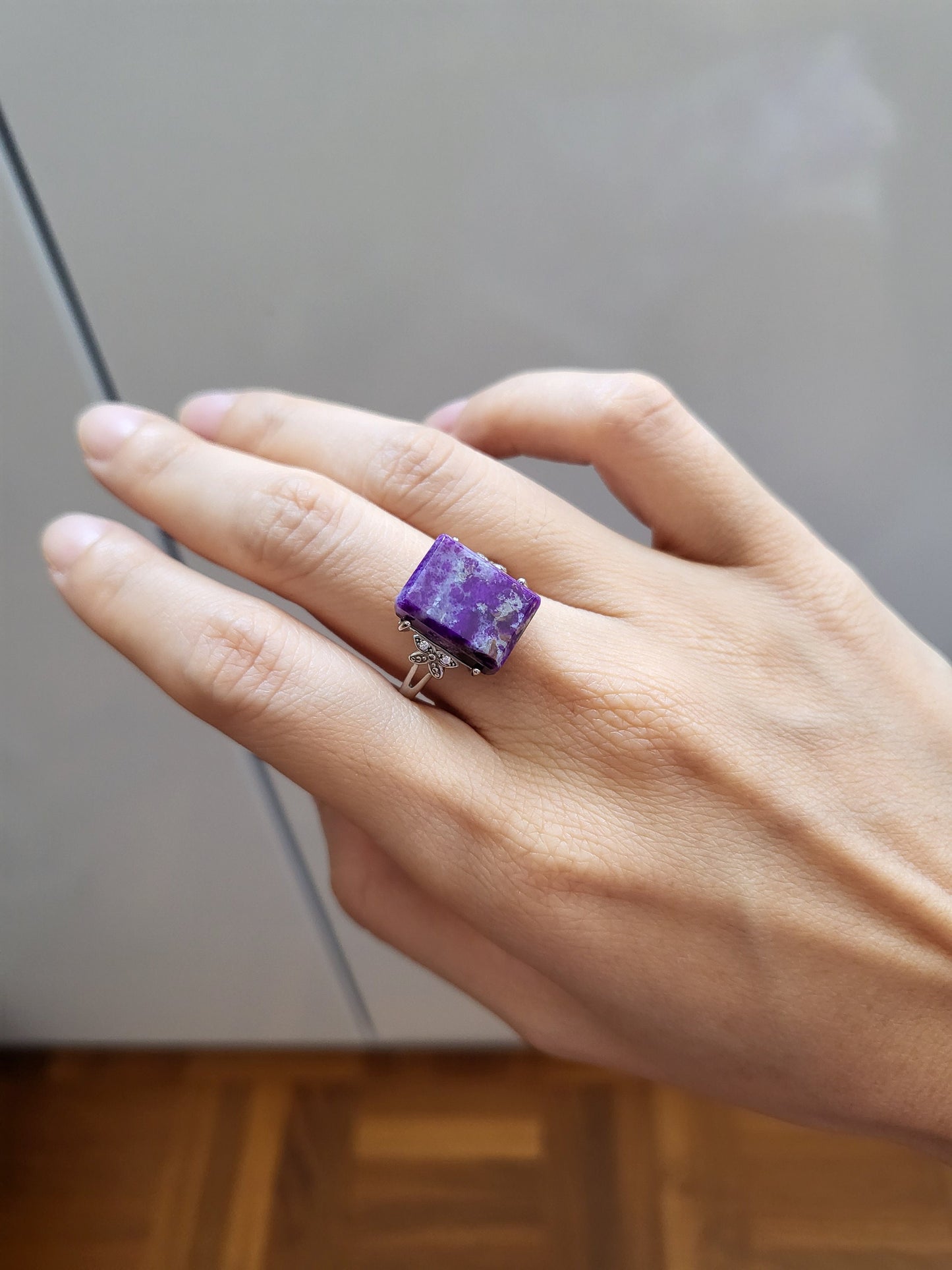 Natural Sugilite Purple Painting-like rectangle adjustable silver ring with crystals