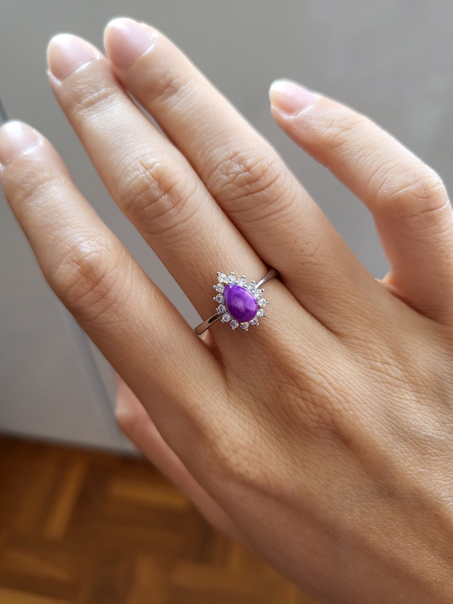 Natural Purple Sugilite dainty mini teardrop adjustable silver ring with crystals