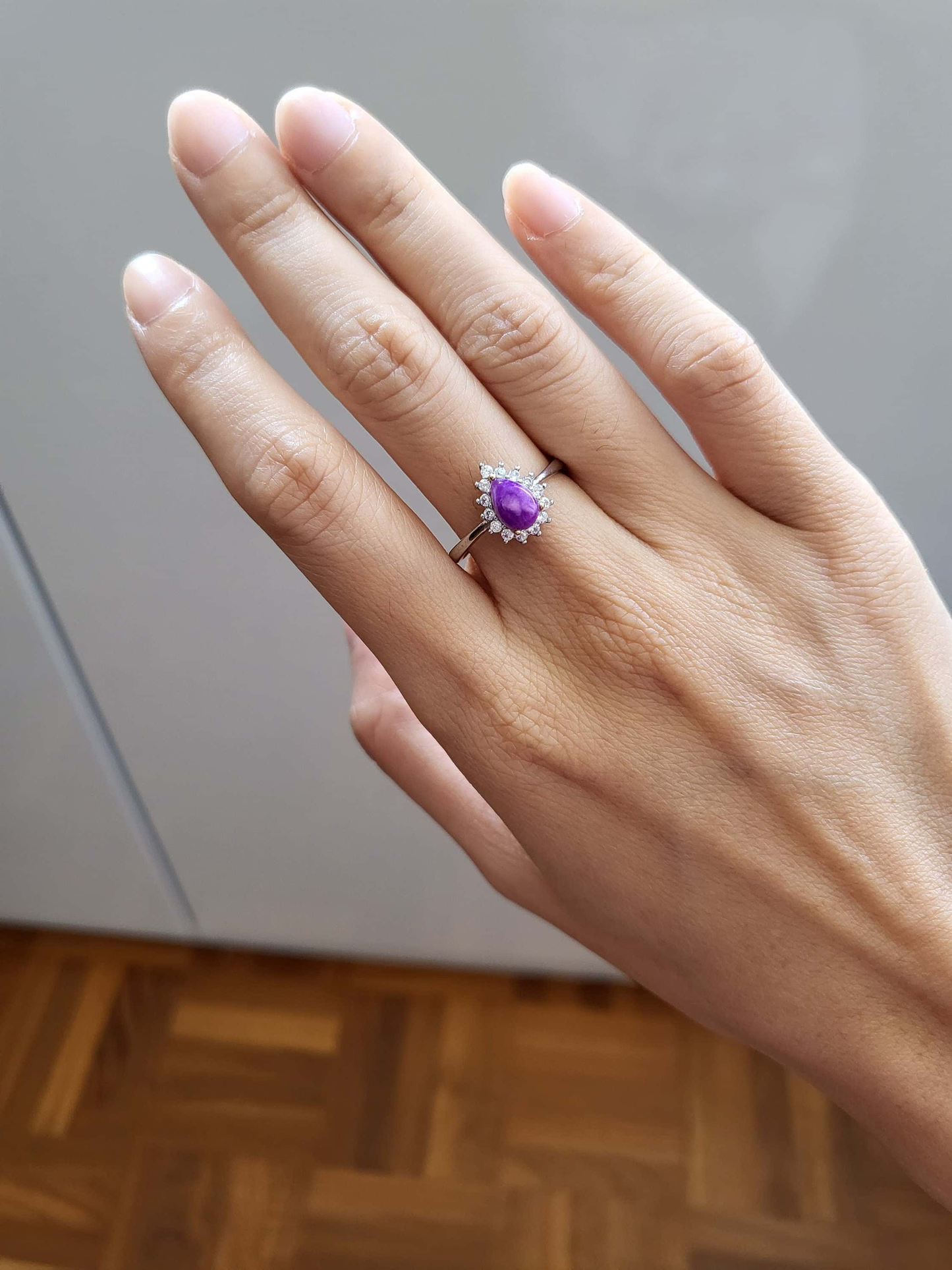 Natural Purple Sugilite dainty mini teardrop adjustable silver ring with crystals