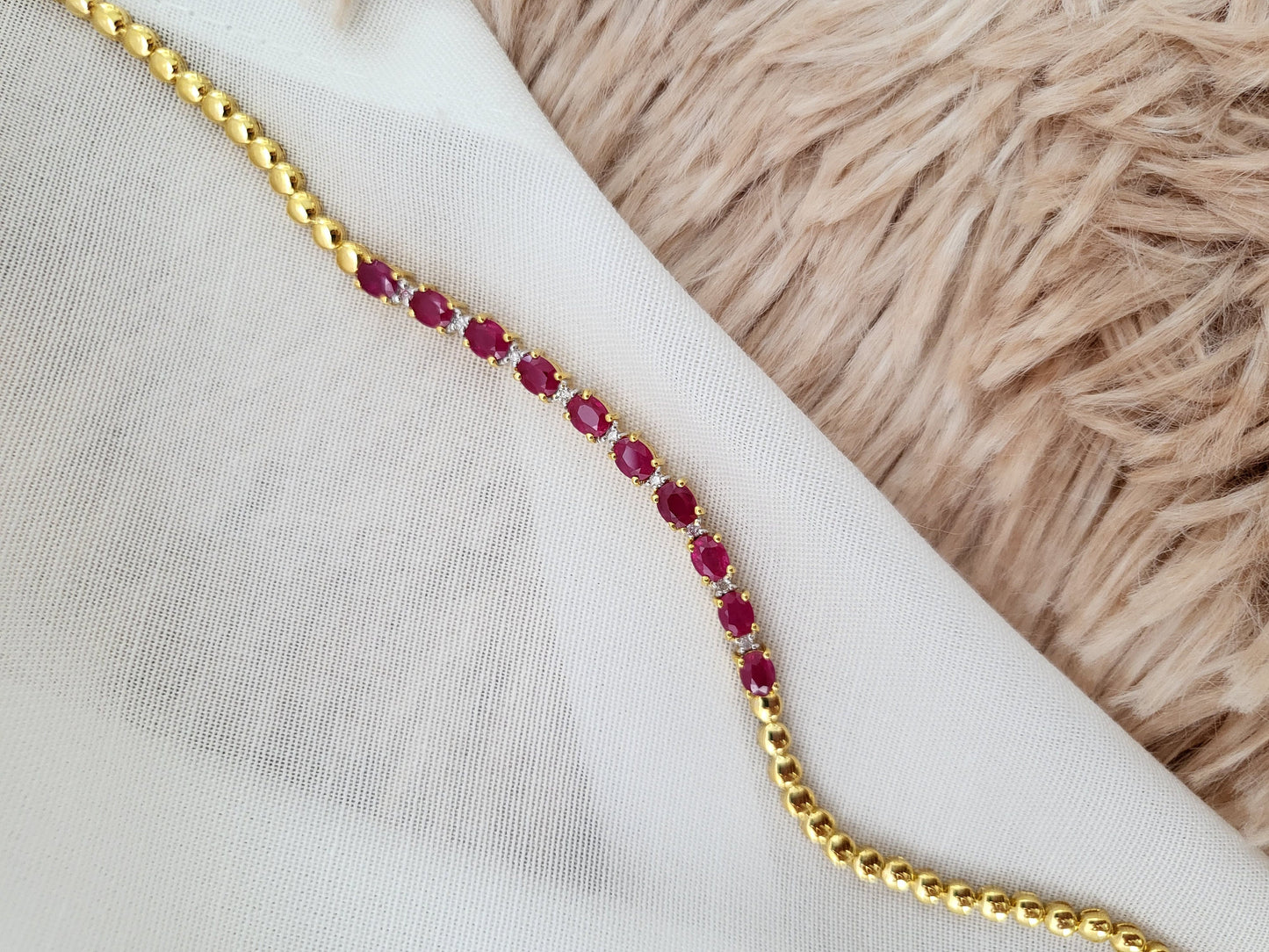 Thai Design Natural Red Burma Ruby 9K Solid Gold with Diamonds Bracelet Rare Gemstone Dainty
