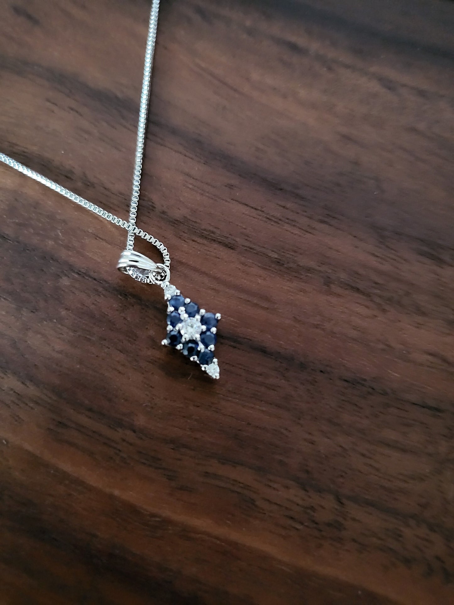 Natural Blue Sapphire Rare Gemstone Pendant with Cubic Zirconia Stud Silver Pendant Diamond shaped