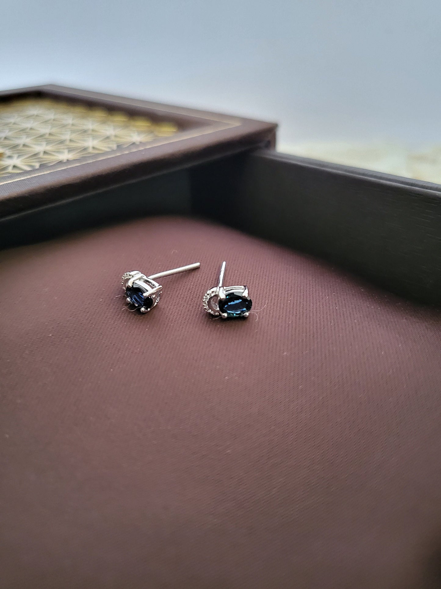 Natural Blue Sapphire Rare Gemstone Earrings with Cubic Zirconia Stud Silver Earrings