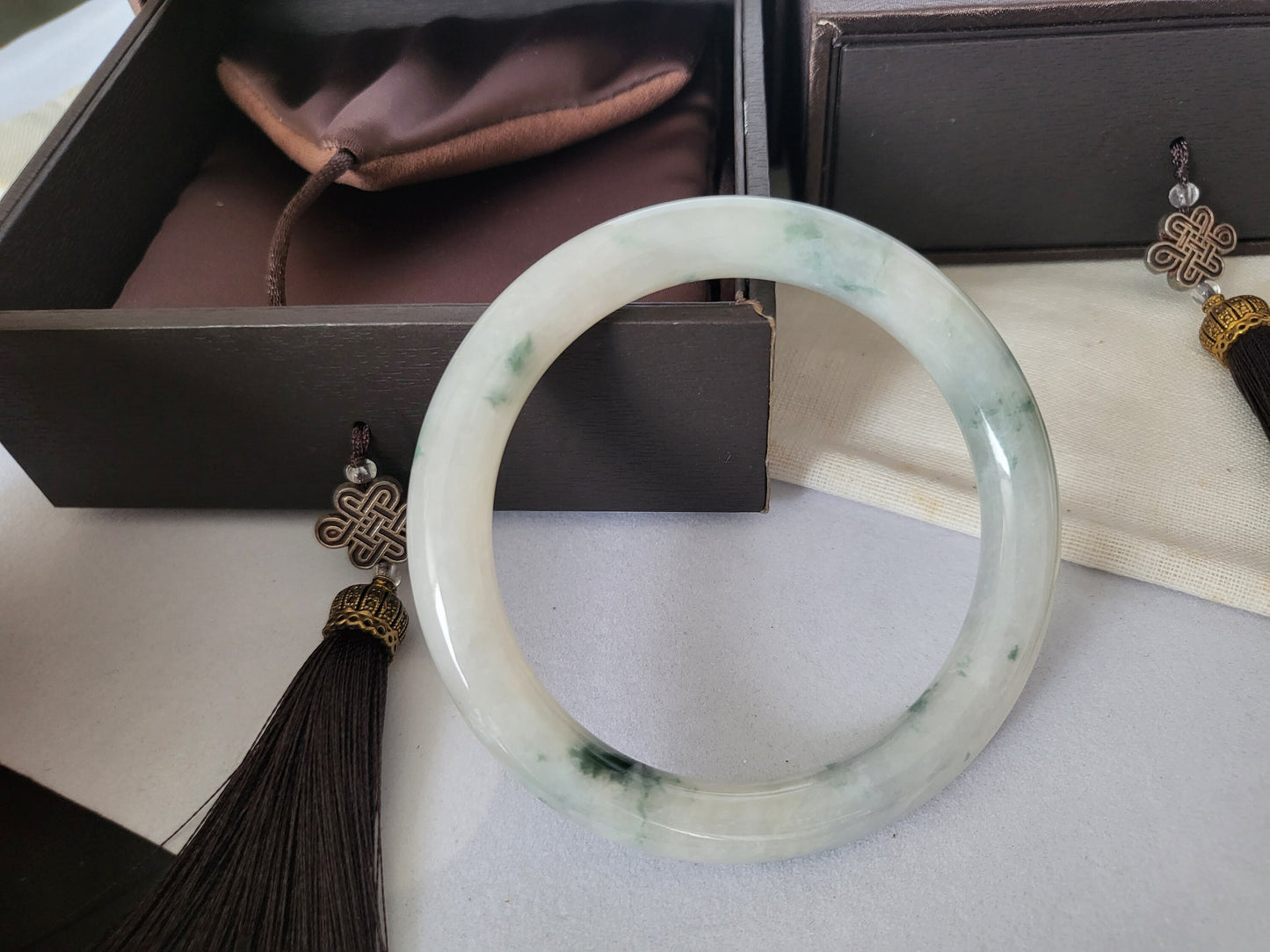 57.2 mm Jadeite Grade A Bangle Natural Burma Jade White Flower Green [PINE WINTERLAND COLLECTION]