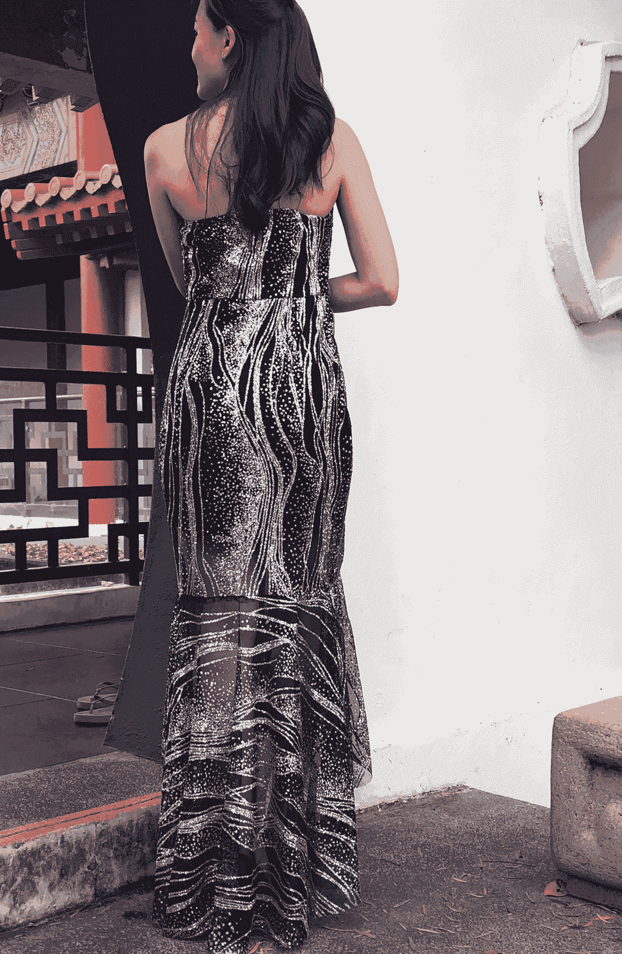 Black Sweetheart Strapless Tube Sparkly Maxi Fishtail Dress Gown with Silver Glitter