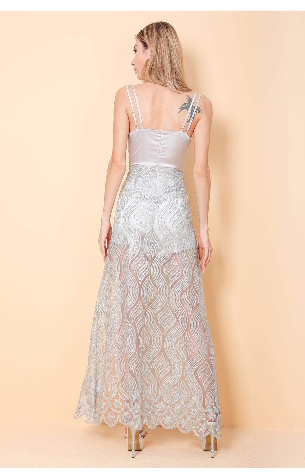 Gwyneth Silver Glitter Shimmer V-neck Shorts Maxi Dress Gown
