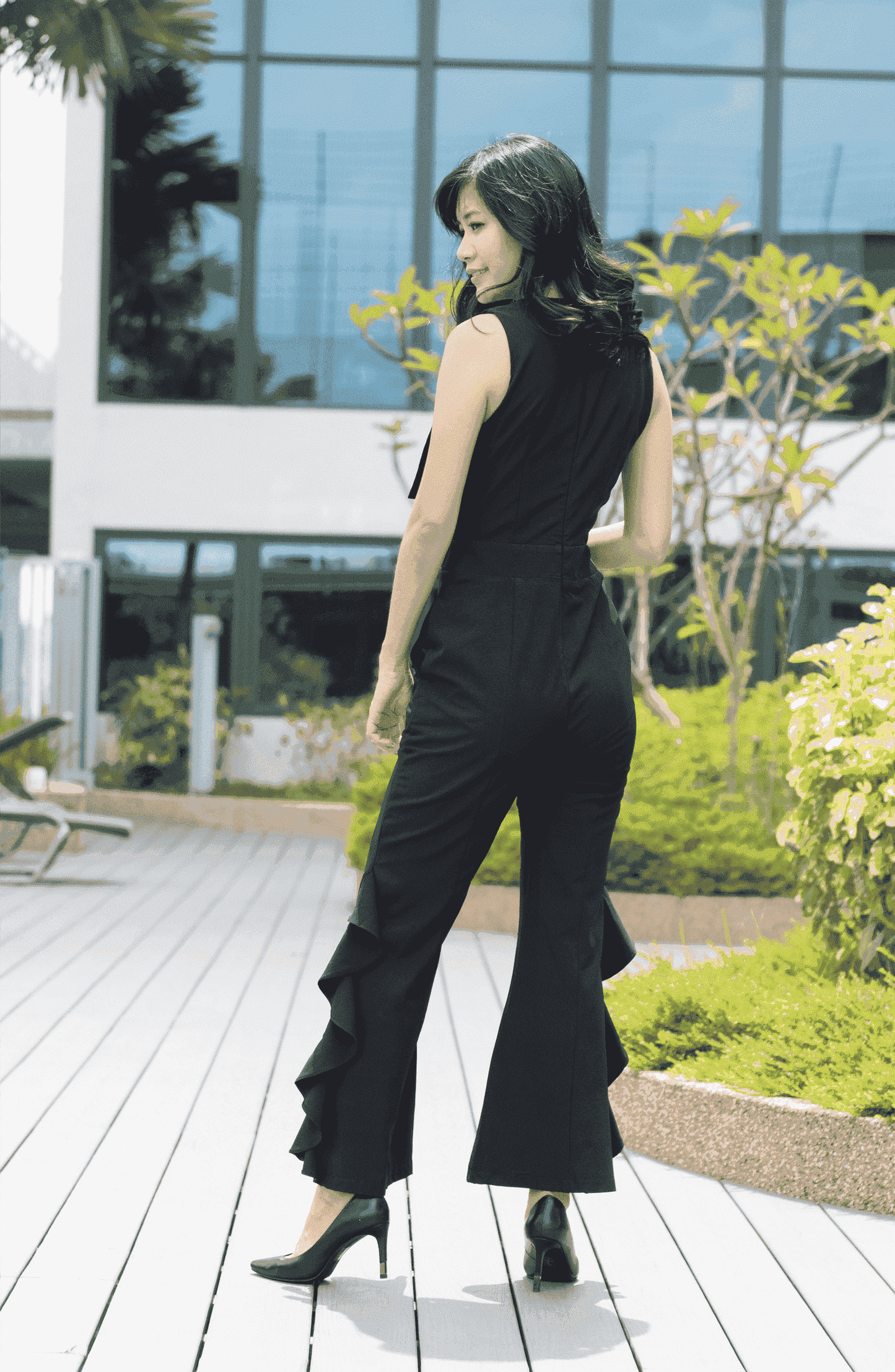 V Neck Foldover Tiered Ruffle Jumpsuit
