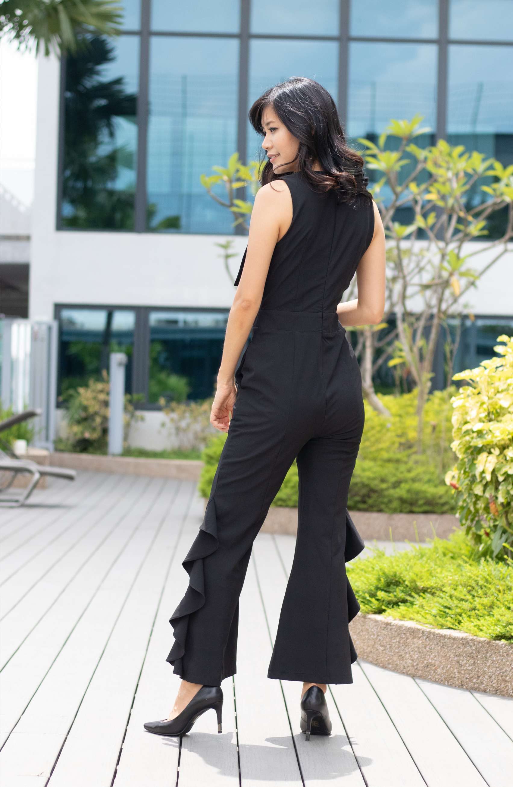 V Neck Foldover Tiered Ruffle Jumpsuit