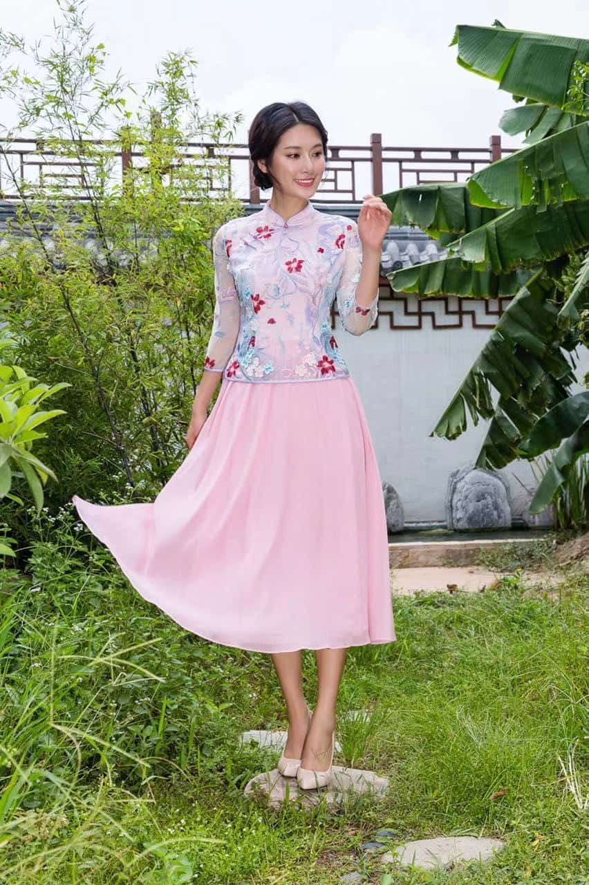 Pink Daisy Embroidery Dream Lace Chinese Mandarin Collar Cheongsam Midi Dress Qipao