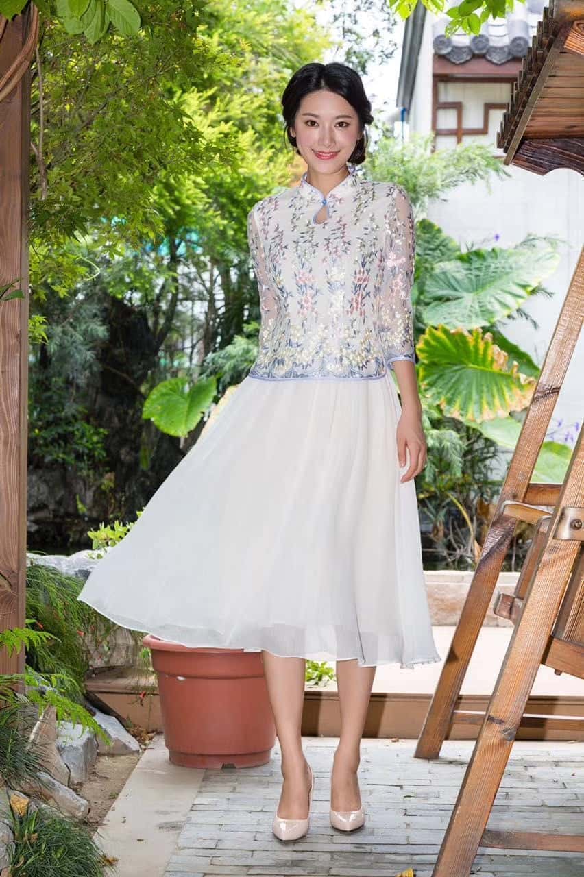 Ella Dream Lace Chinese Mandarin Collar Cheongsam Midi A-Line Flare Dress Qipao