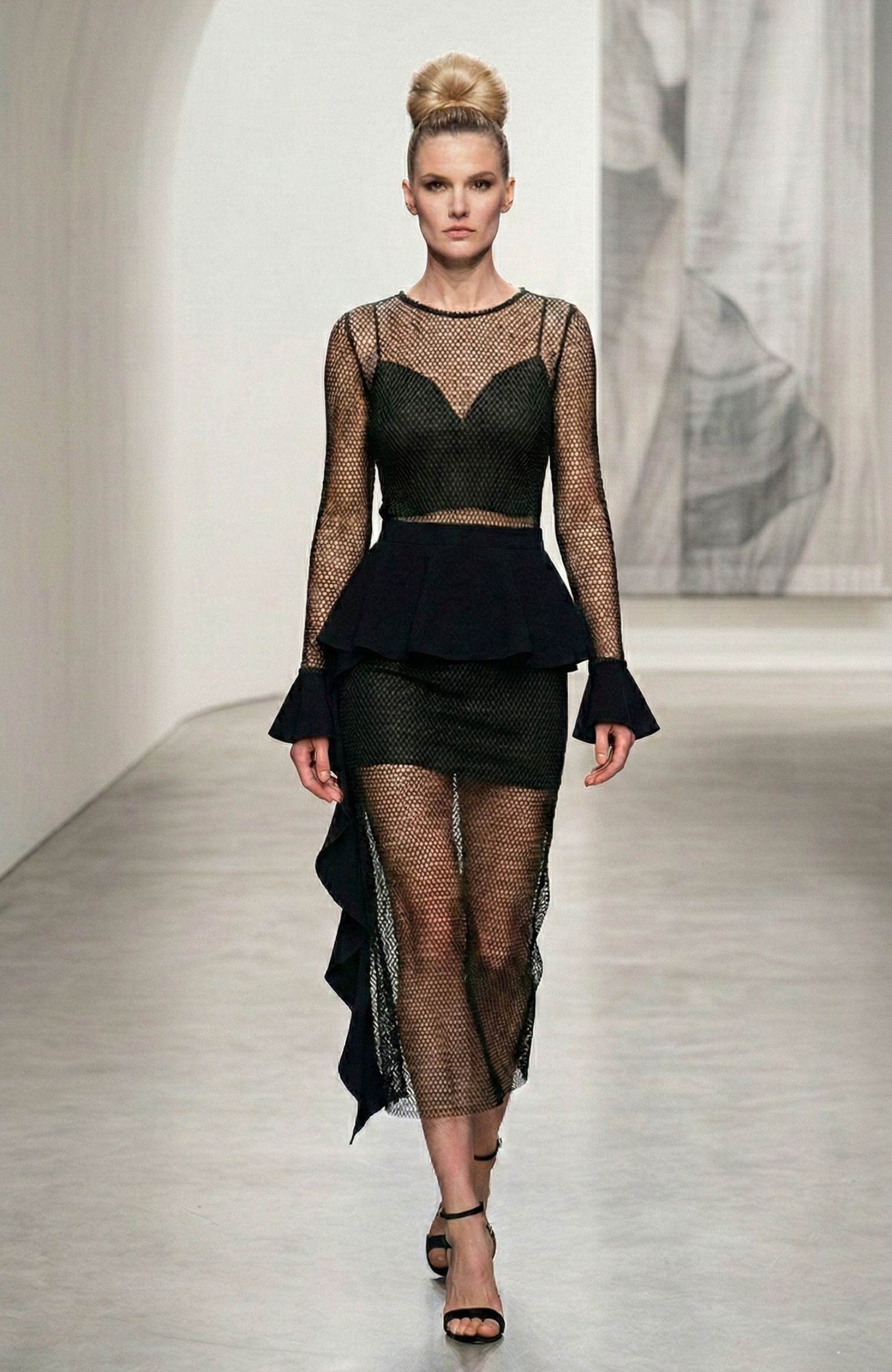 A-Symmetrical Netted Black Dress with Cuffs