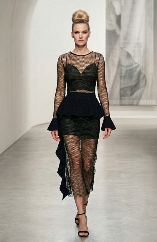 A-Symmetrical Netted Black Dress with Cuffs