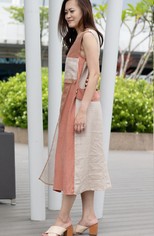 Rust Brown Minimalistic Japanese Patchwork Belted Shift Dress