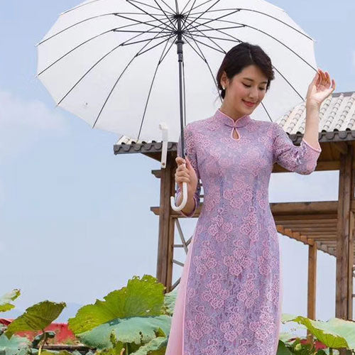 Brittany Lilac Pink Lace Fit and Flare Chinese Mandarin Collar Cheongsam Dress Qipao