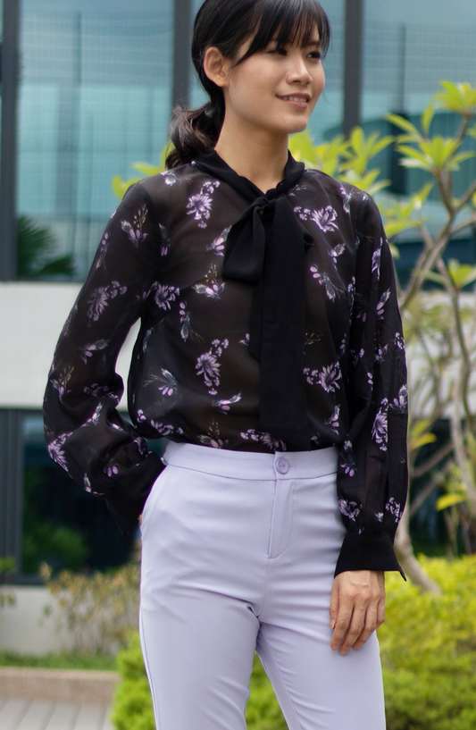 Evanca Black Lilac Floral Ruffle Work Blouse with Tie