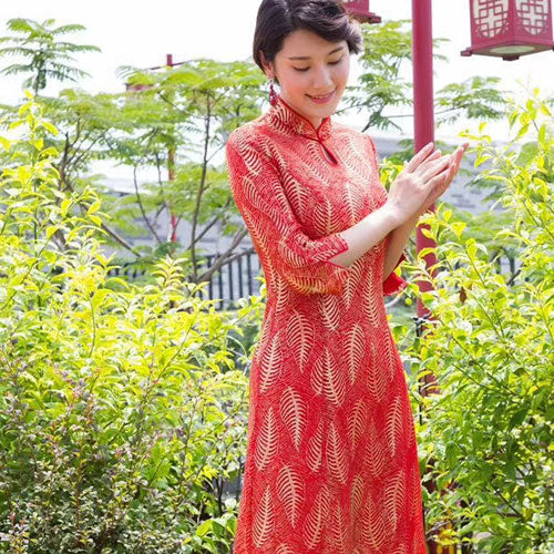 Charlize Red Gold Thread Embroidery Chinese Mandarin Collar Cheongsam Dress Qipao