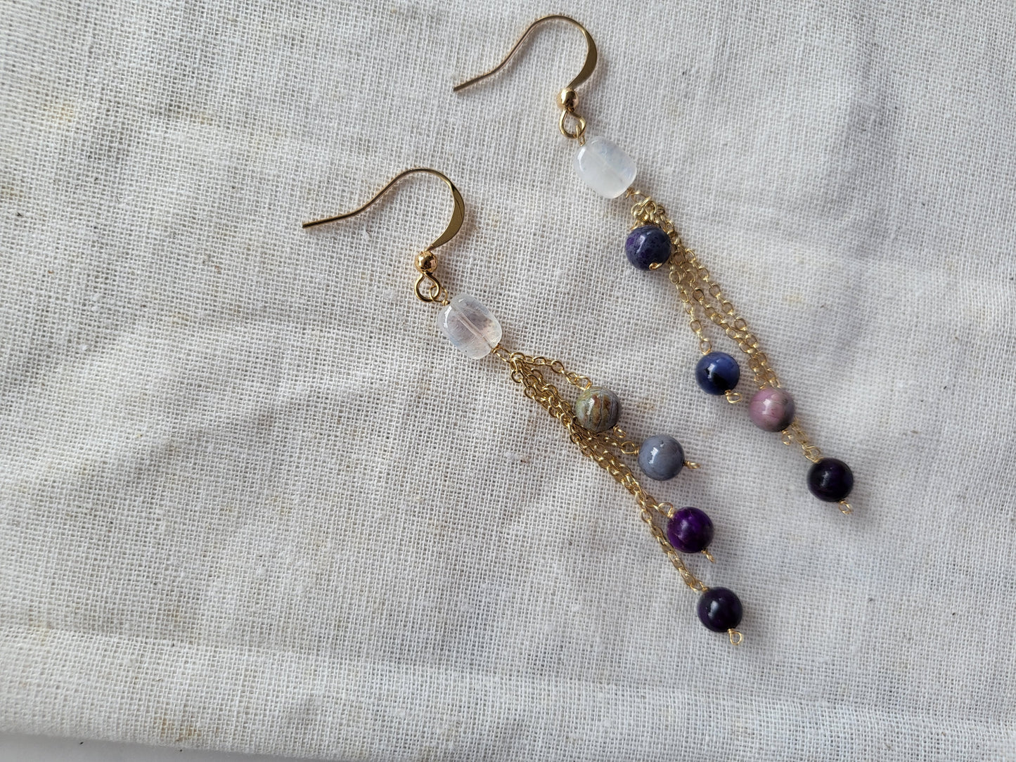 14K Gold Dainty Sugilite Bead Drop Dangle Earrings with Opal
