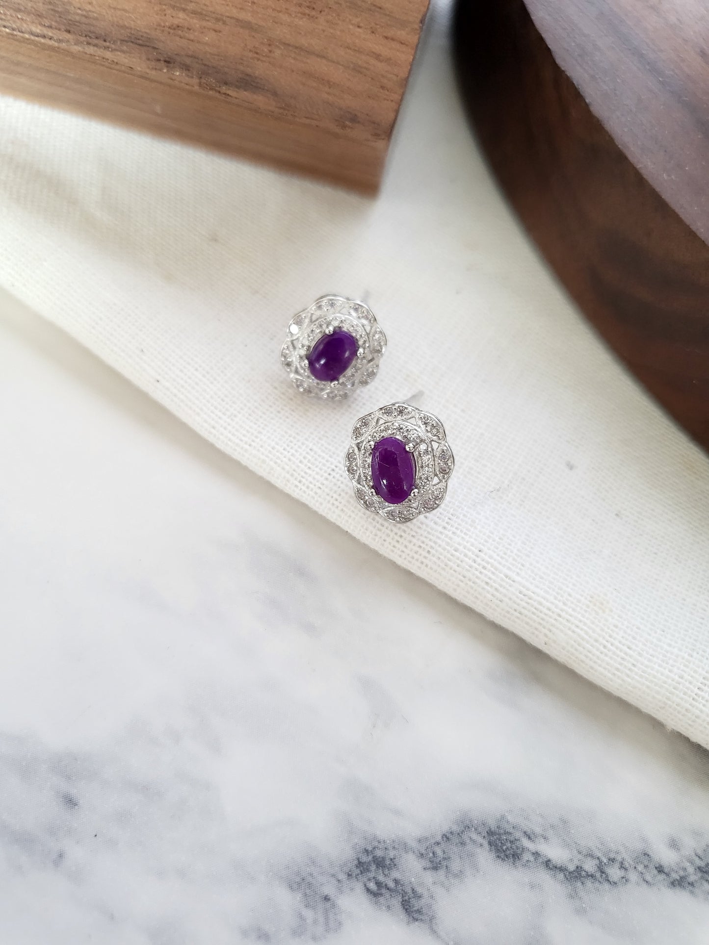 Sugilite Natural RARE Premium Gemstone Purple Gel Stud Earrings with Crystal Victorian Style