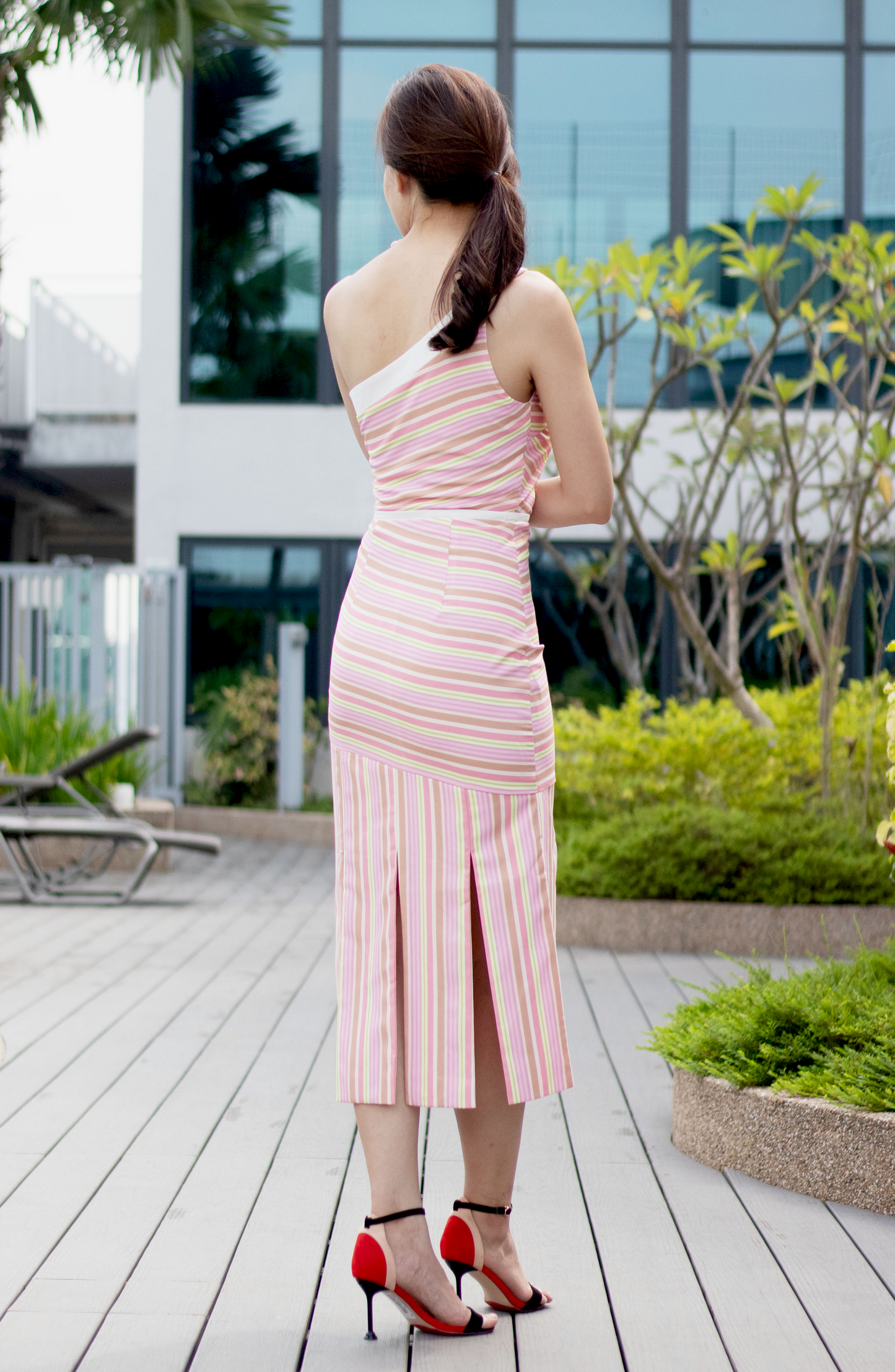 One Shoulder Pastel Coral Candy Stripe Panel Dress