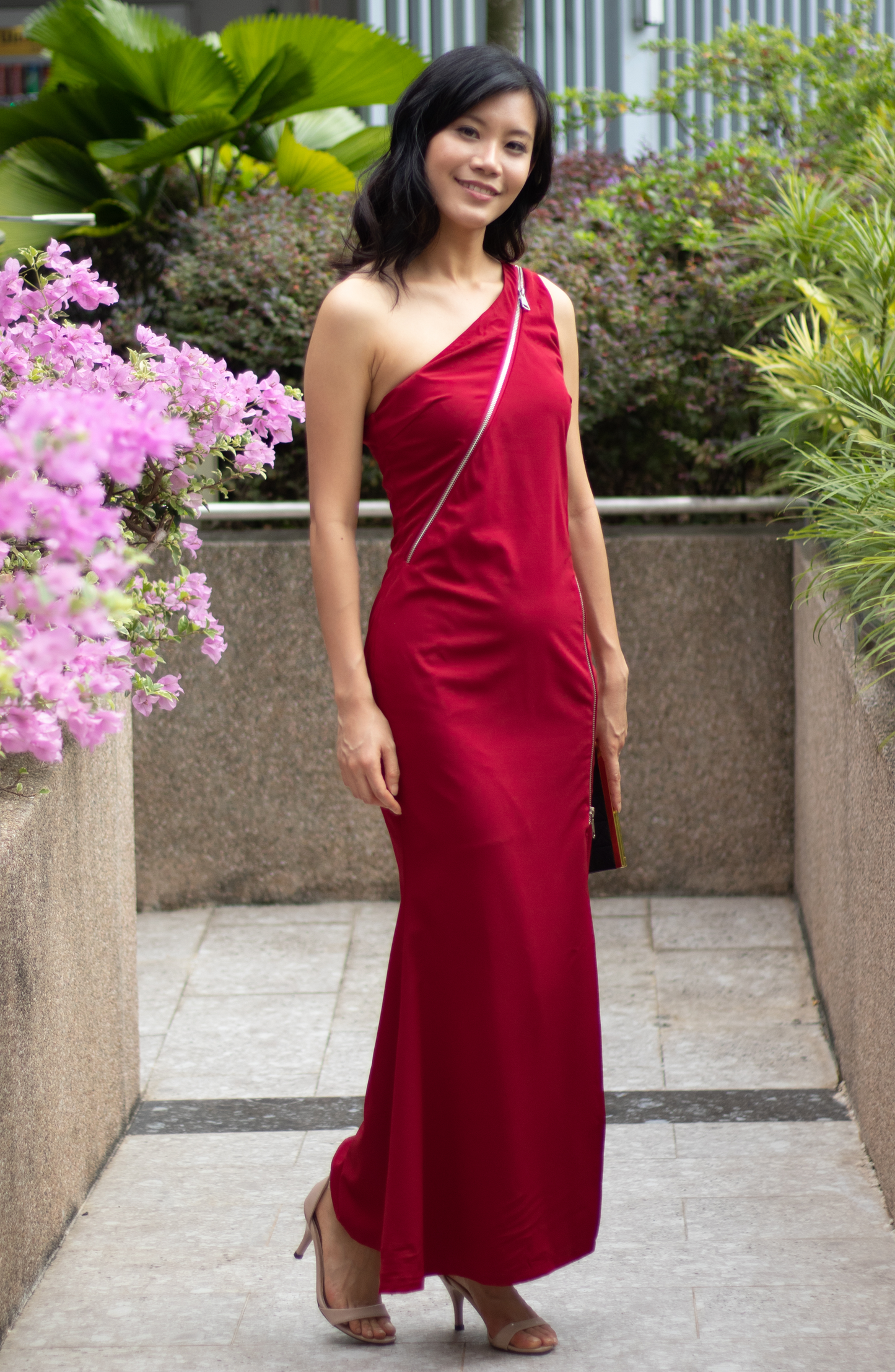 Adjustable Zip Ruby Red One Shoulder Casual Evening Maxi Dress Gown