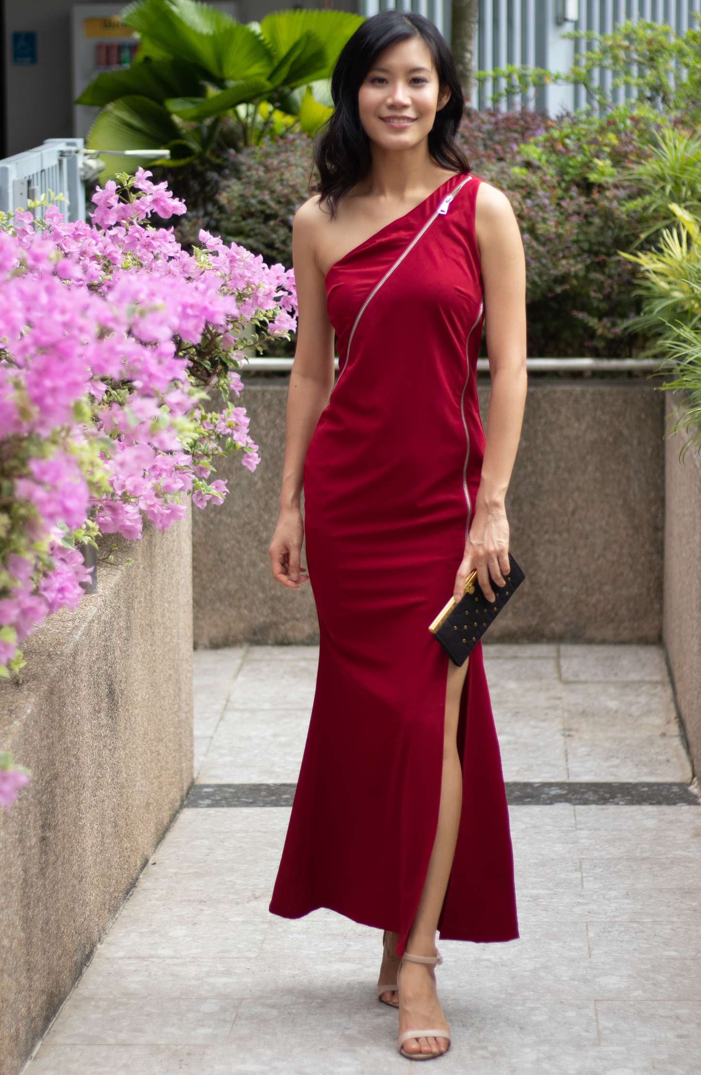 Adjustable Zip Ruby Red One Shoulder Casual Evening Maxi Dress Gown