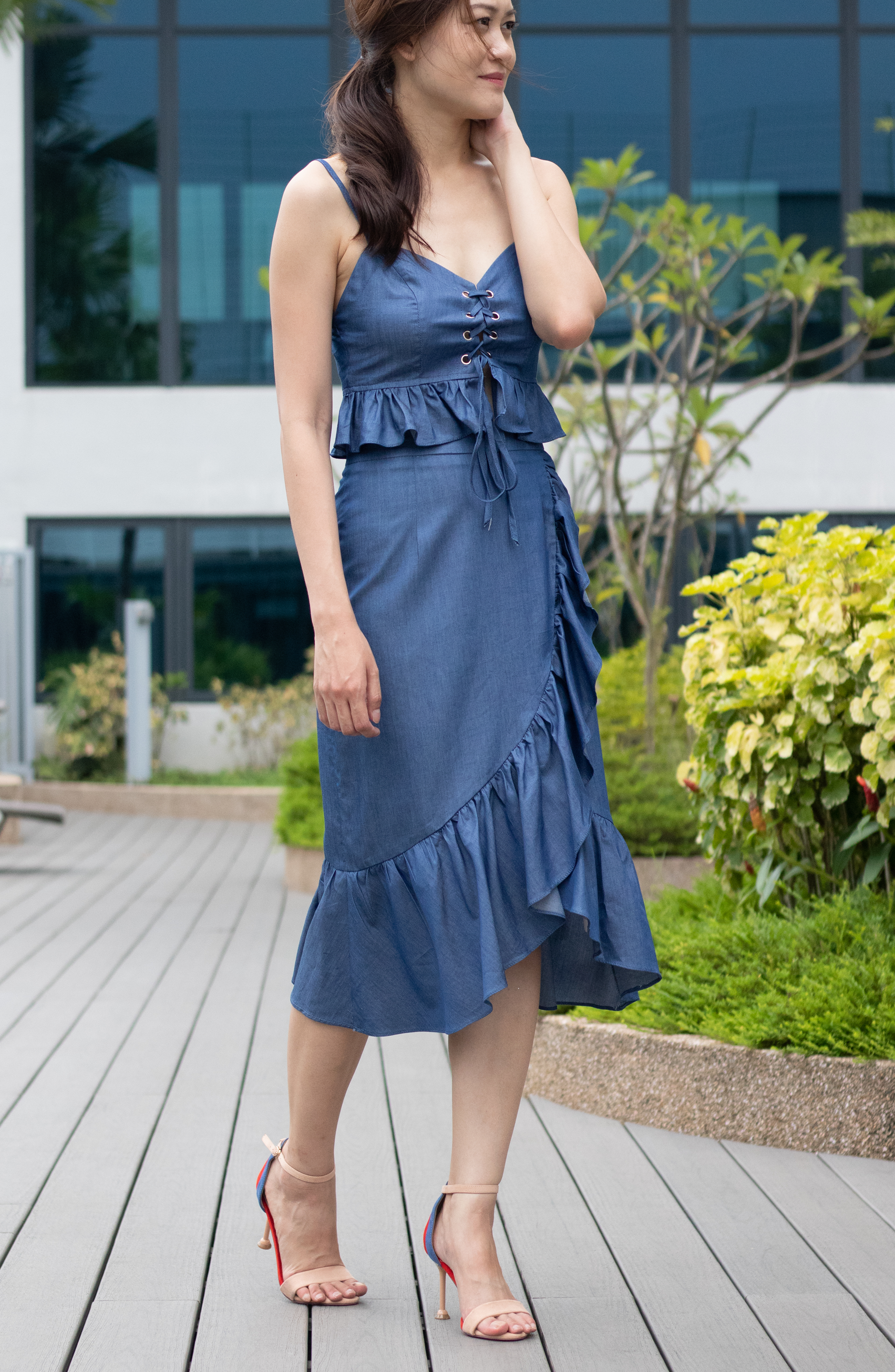 Comfy Soft Blue Jean Eyelet Ruffle Mermaid Skirt fearlessbeautyst