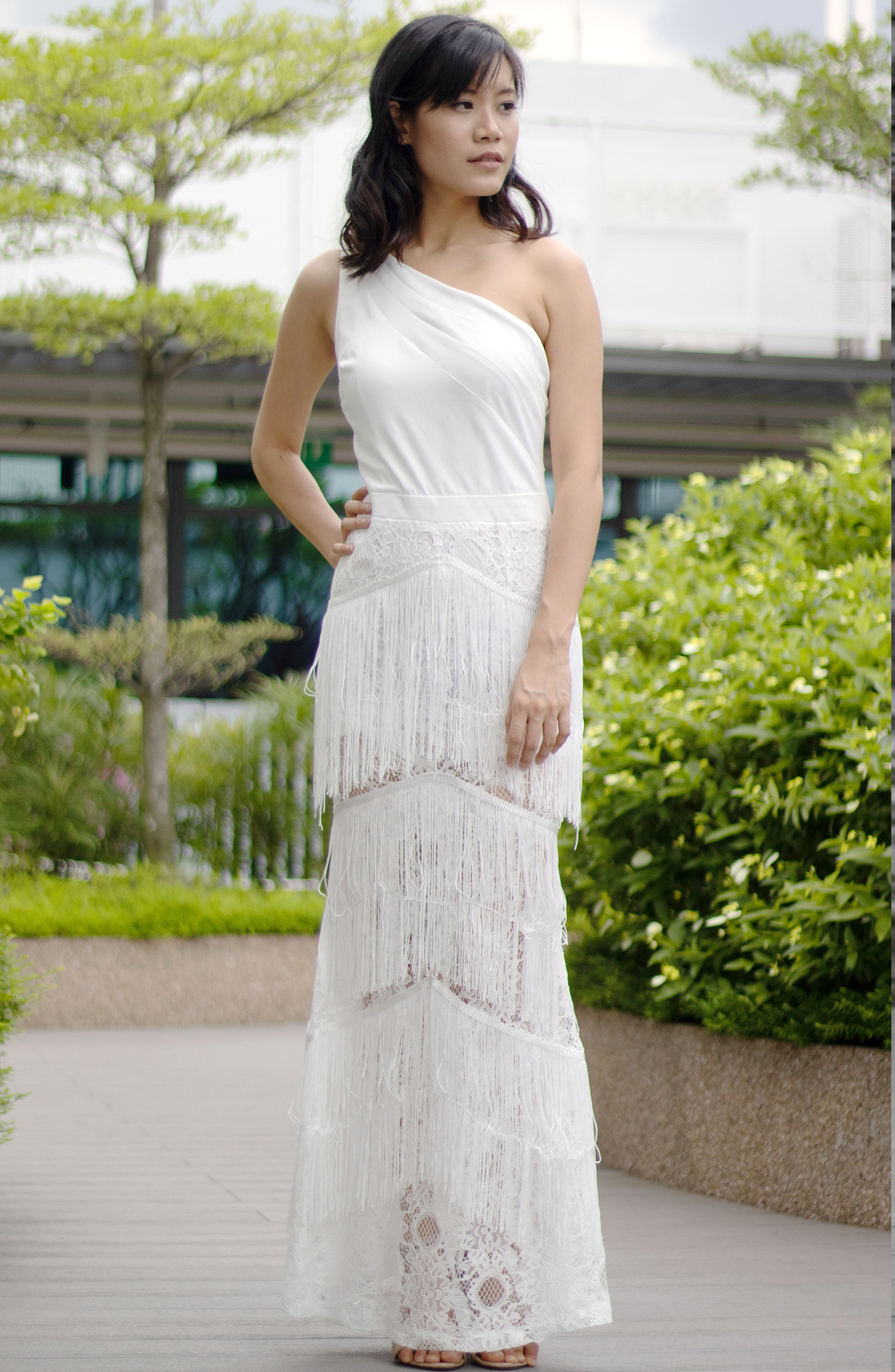 White Elegant One Shoulder Tiered Tassel Playsuit Satin-like Dress Gown