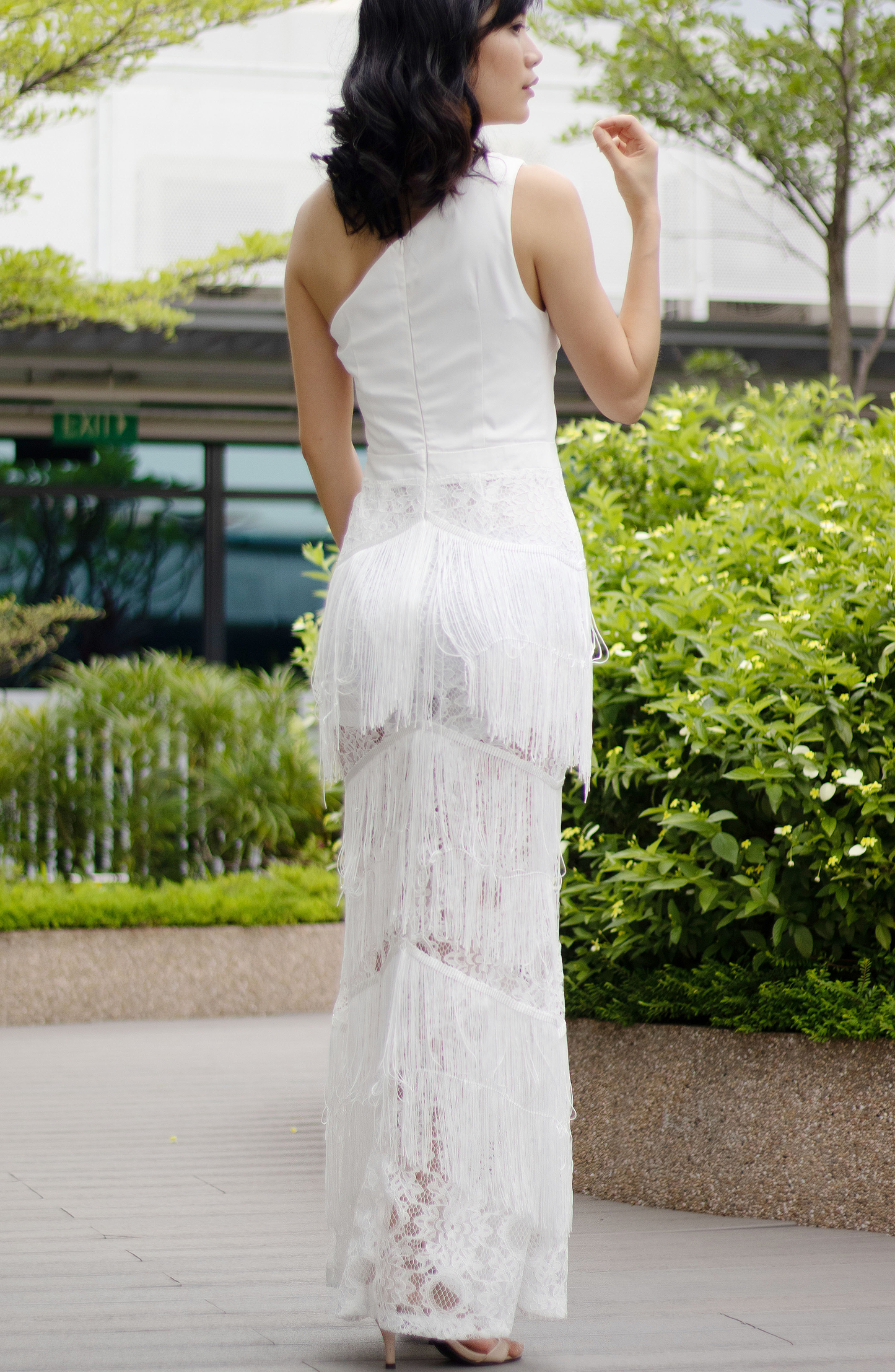 White Elegant One Shoulder Tiered Tassel Playsuit Satin-like Dress Gown